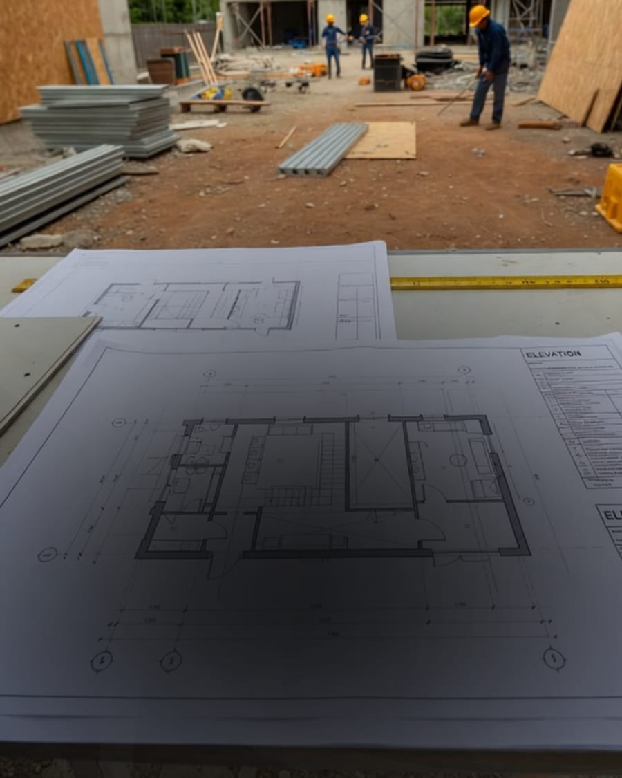 Projeto arquitetônico aberto sobre a mesa durante o acompanhamento de uma obra