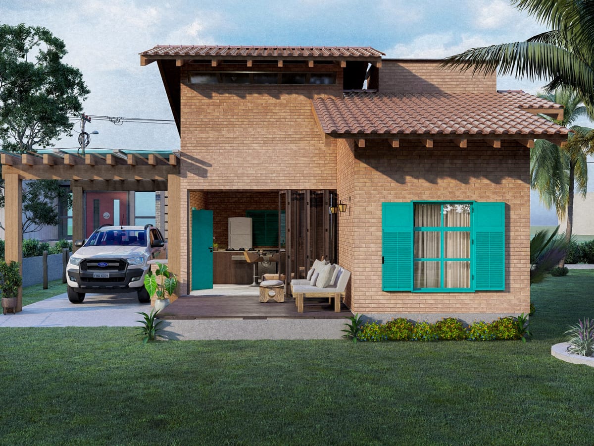 Projeto 3D de residência com tijolo aparente, pergolado e varanda