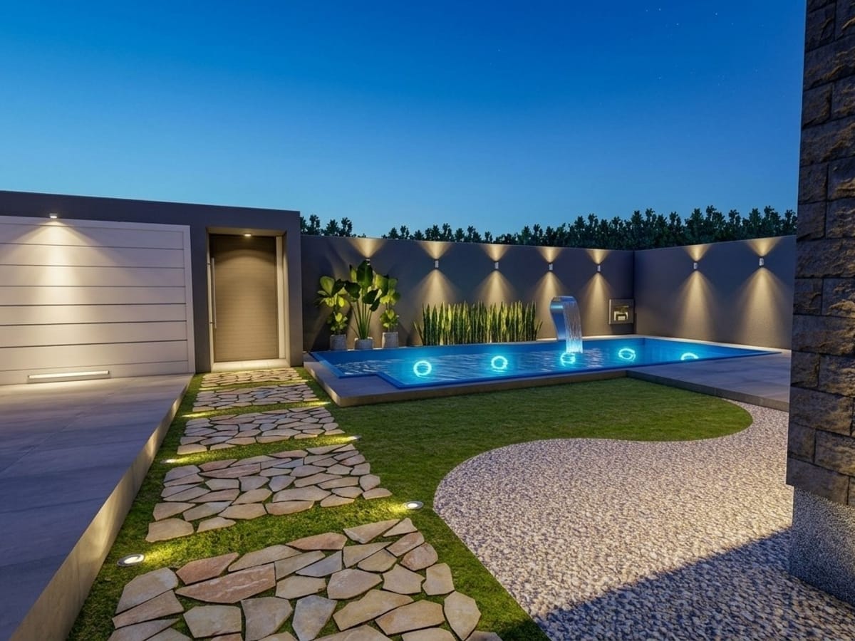 Projeto 3D de acesso à residência com piscina iluminada