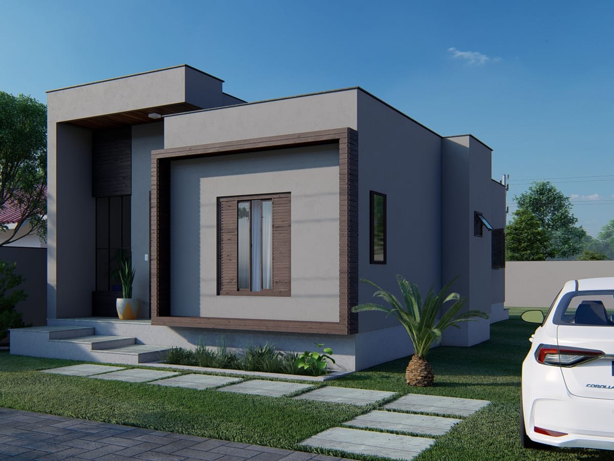 Projeto 3D de residência térrea com volumes de linhas retas