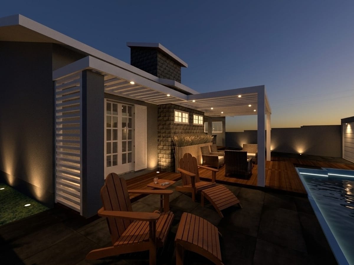 Projeto 3D de deck de madeira e piscina ao entardecer