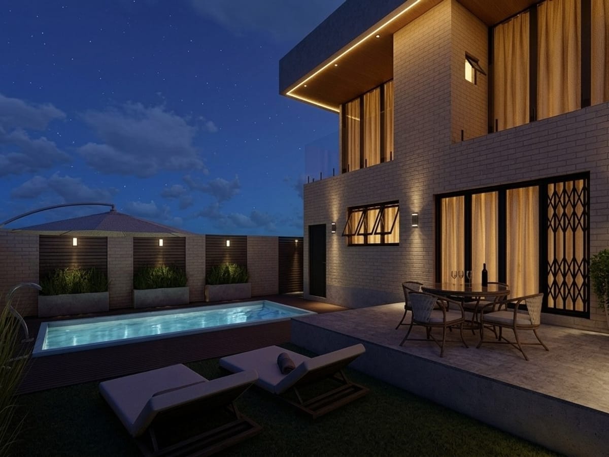 Projeto 3D de espaço gourmet integrado à área da piscina