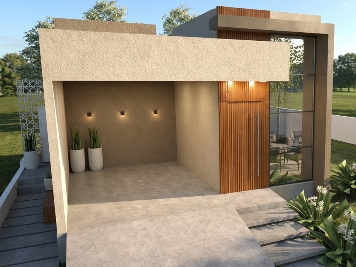 Projeto 3D de entrada com porta pivotante de madeira e iluminação embutida