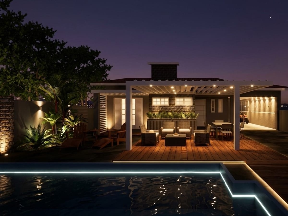 Projeto 3D de área gourmet à noite, com pergolado e piscina iluminada